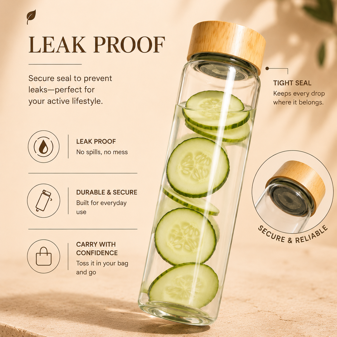 Glass Water Bottle with Bamboo Lid